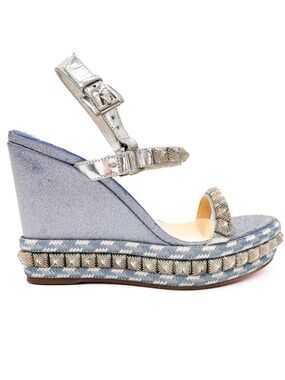 Christian Louboutin Silver Glitter Studded Espadrille Platform Sandals EU 38